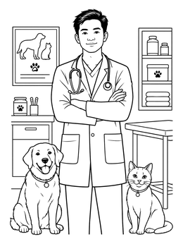 Free printable Confident Veterinarian With Dog And Cat coloring page
