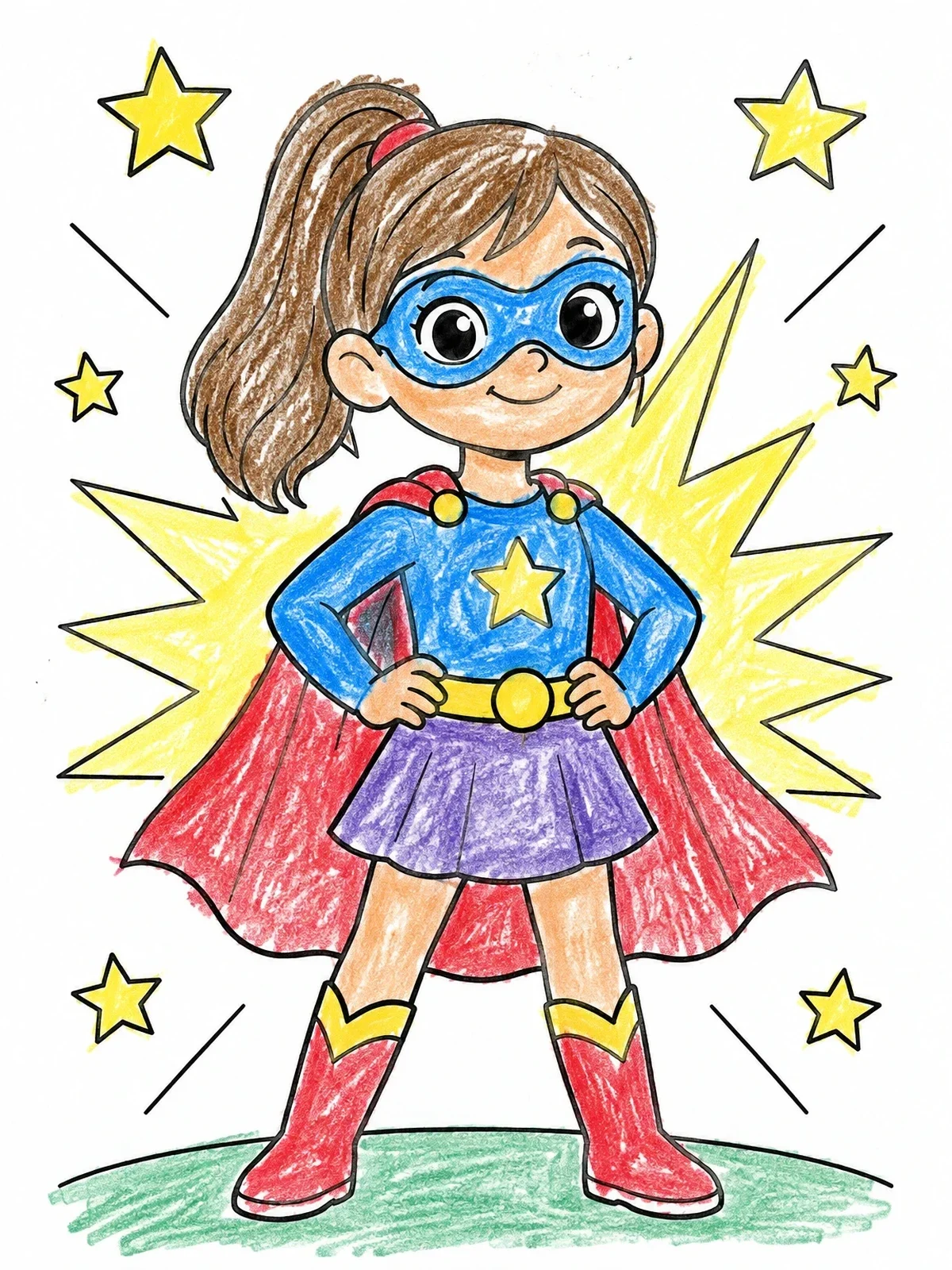 Colored example of the Confident Young Superhero Girl coloring page