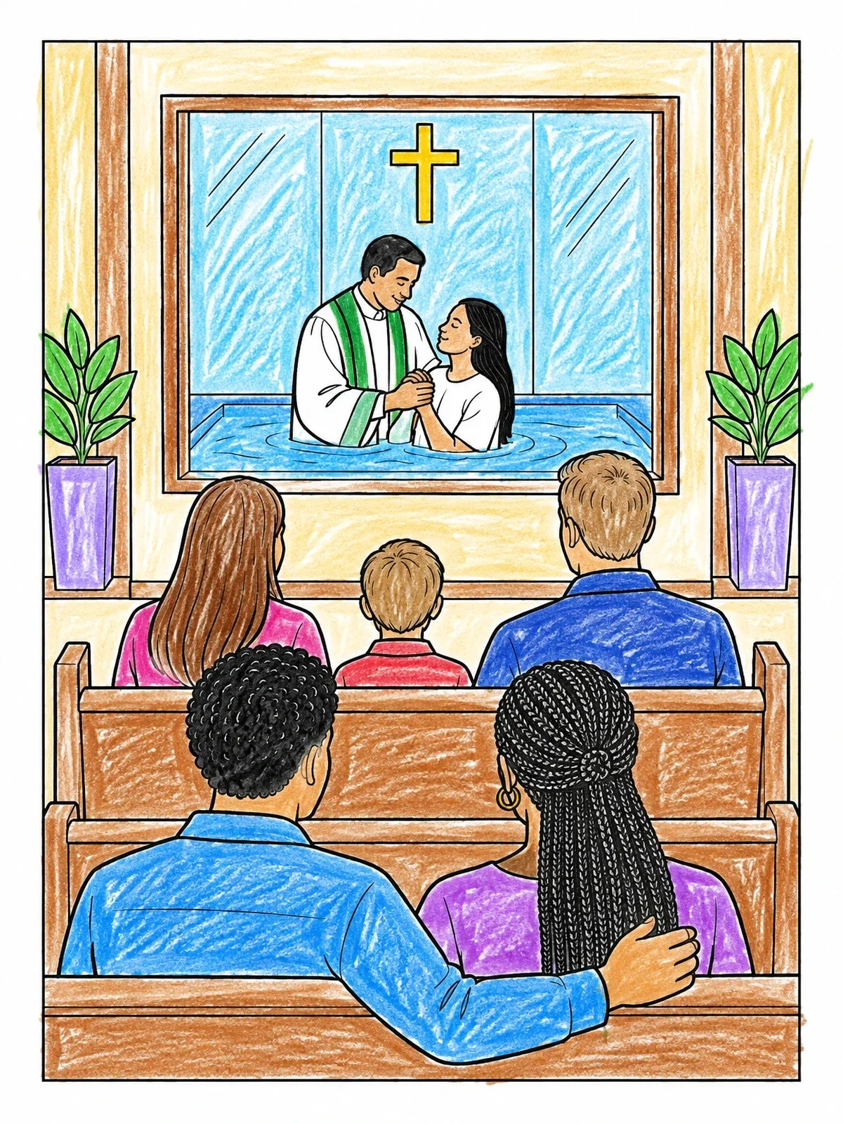 Colored example of the Congregation Watching Chapel Pool Baptism coloring page
