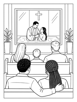 Families watch from the pews in this baptism coloring page showing an immersion ceremony.