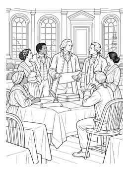 Historical figures gather around a table in this constitution day coloring page inside Independence Hall.