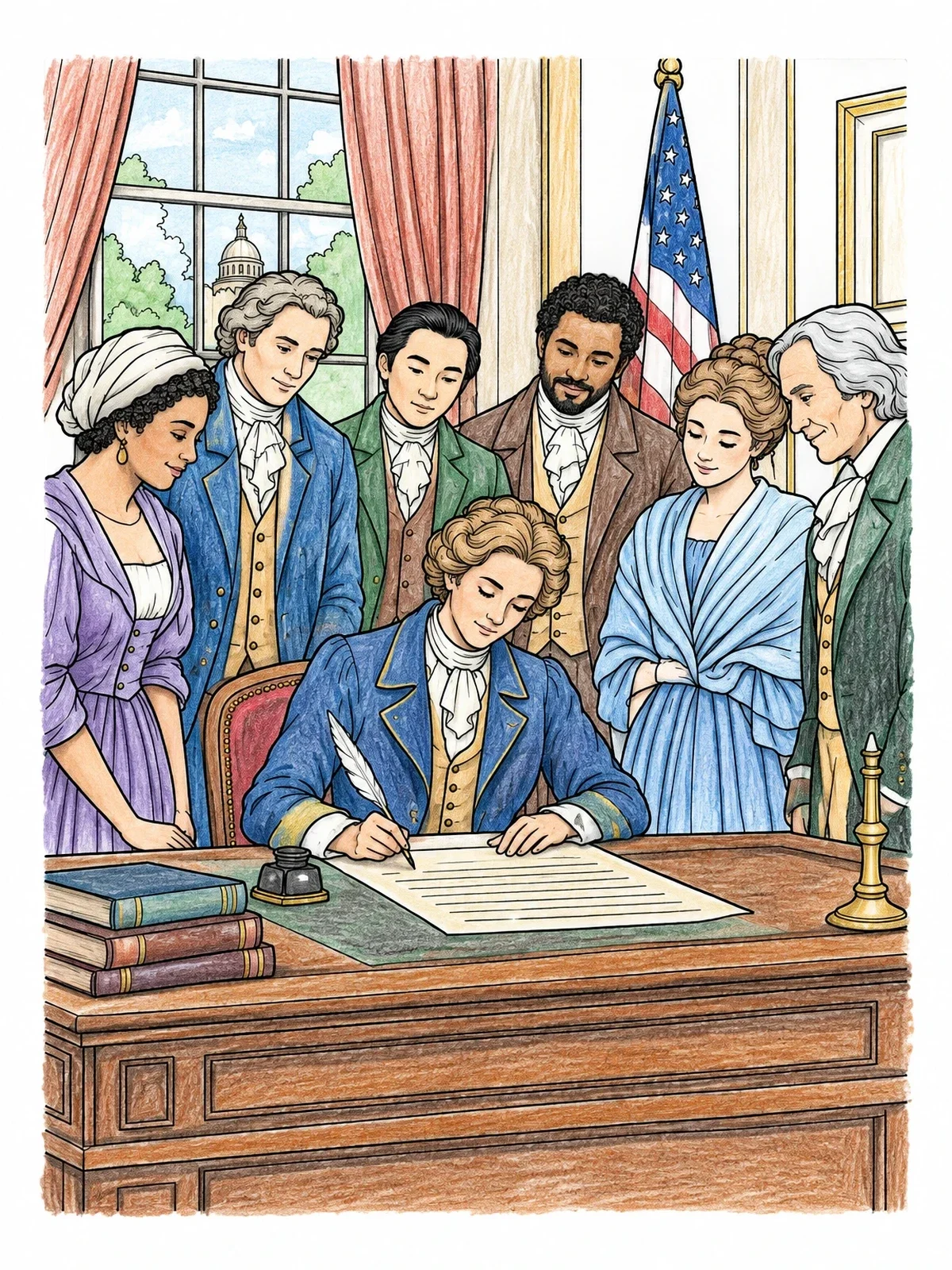 Colored example of the Signing The Historic Document coloring page