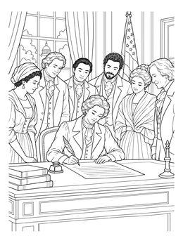 A group watches a delegate sign paper in this constitution day coloring page.