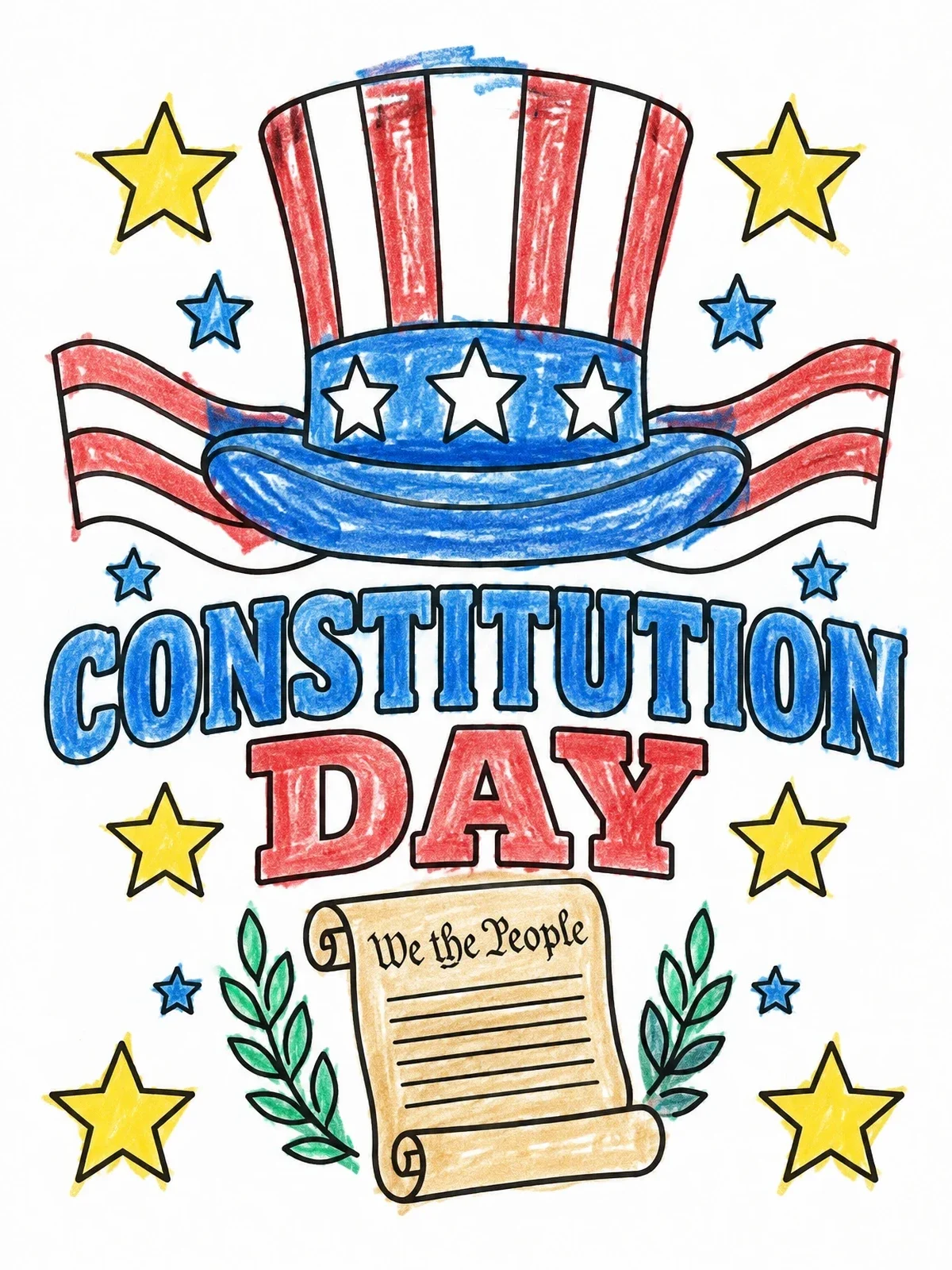 Colored example of the Constitution Day Hat And Scroll coloring page