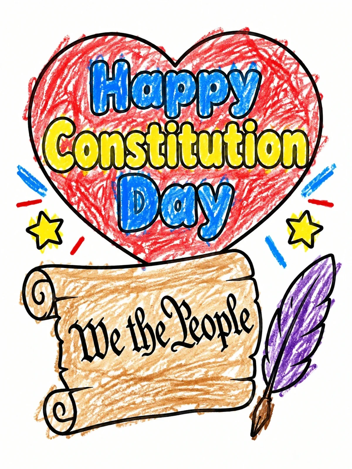 Colored example of the Constitution Day Heart And Scroll coloring page
