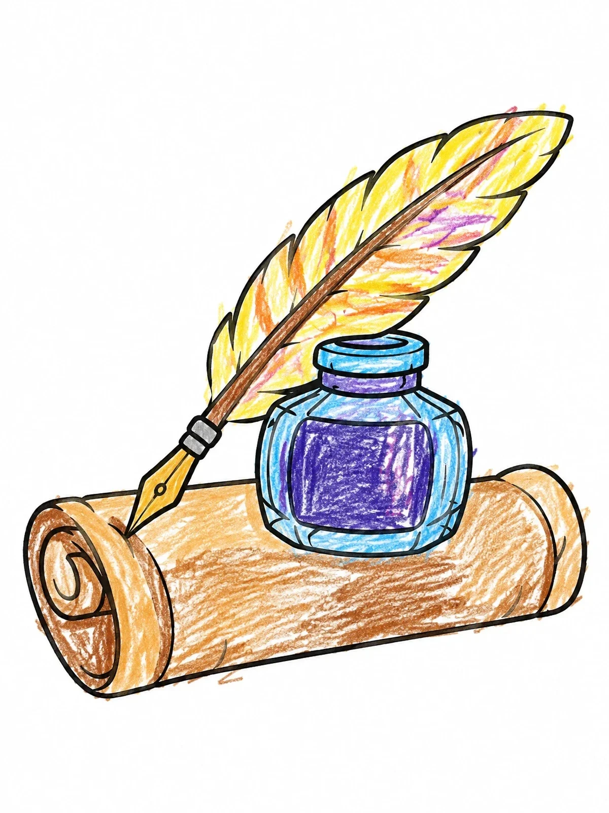 Colored example of the Quill Pen Inkwell And Parchment coloring page