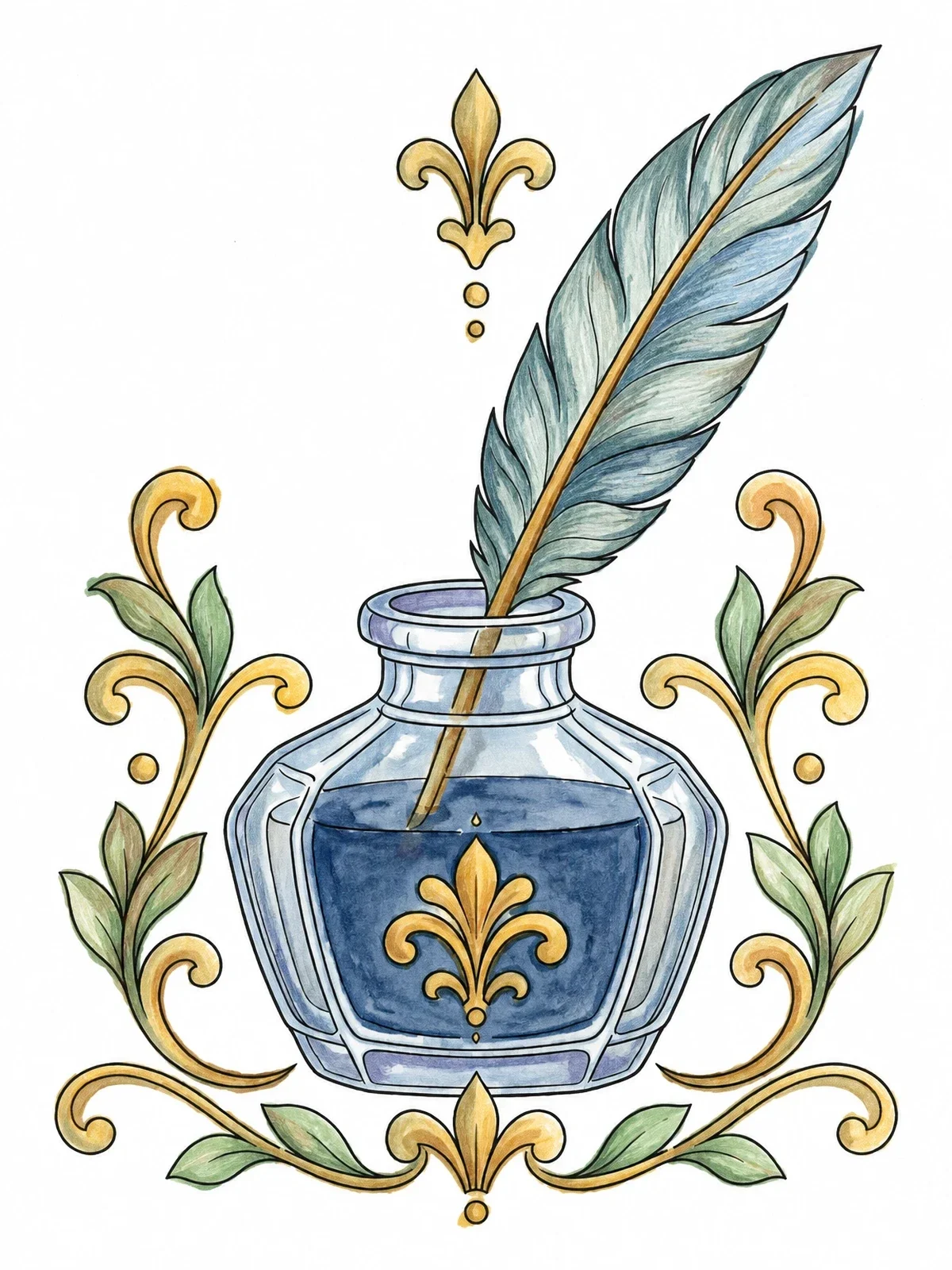 Colored example of the Vintage Inkpot And Quill Feather coloring page