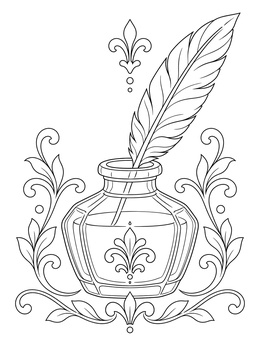 A vintage constitution day coloring page with an inkpot and quill feather surrounded by flourishes.