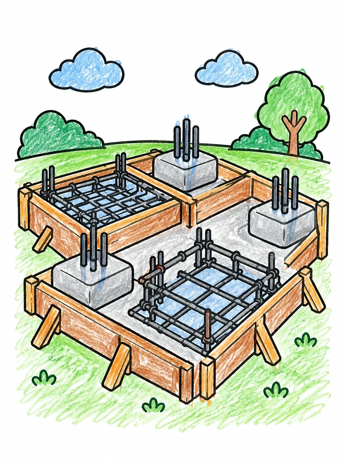 Colored example of the Building Foundation With Concrete Forms coloring page