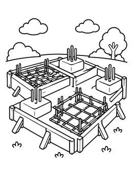 A building foundation with rebar grids in this construction coloring page.