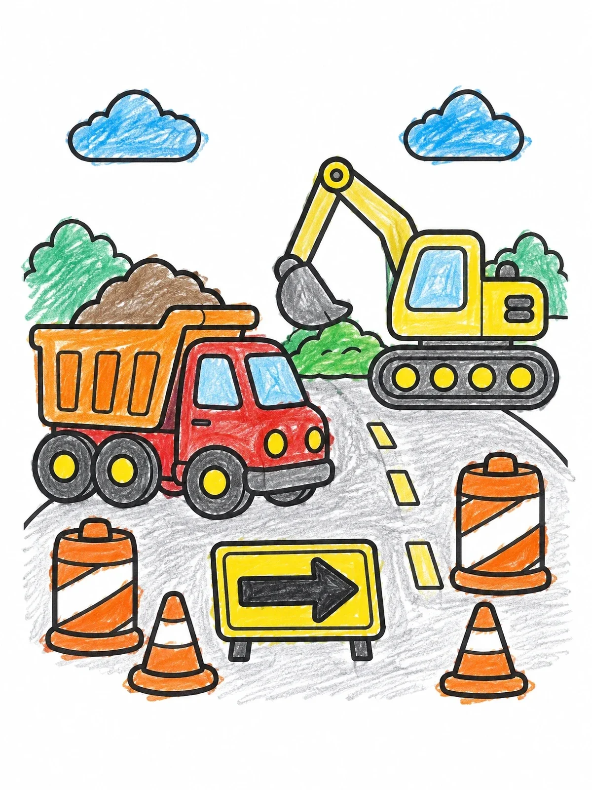 Colored example of the Busy Highway Roadwork Zone coloring page