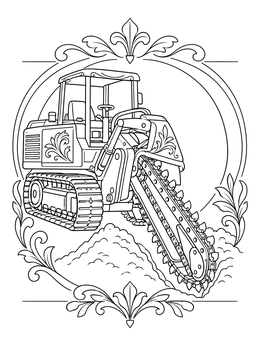 Detailed chain trench digger inside an ornate floral frame in this construction coloring page.