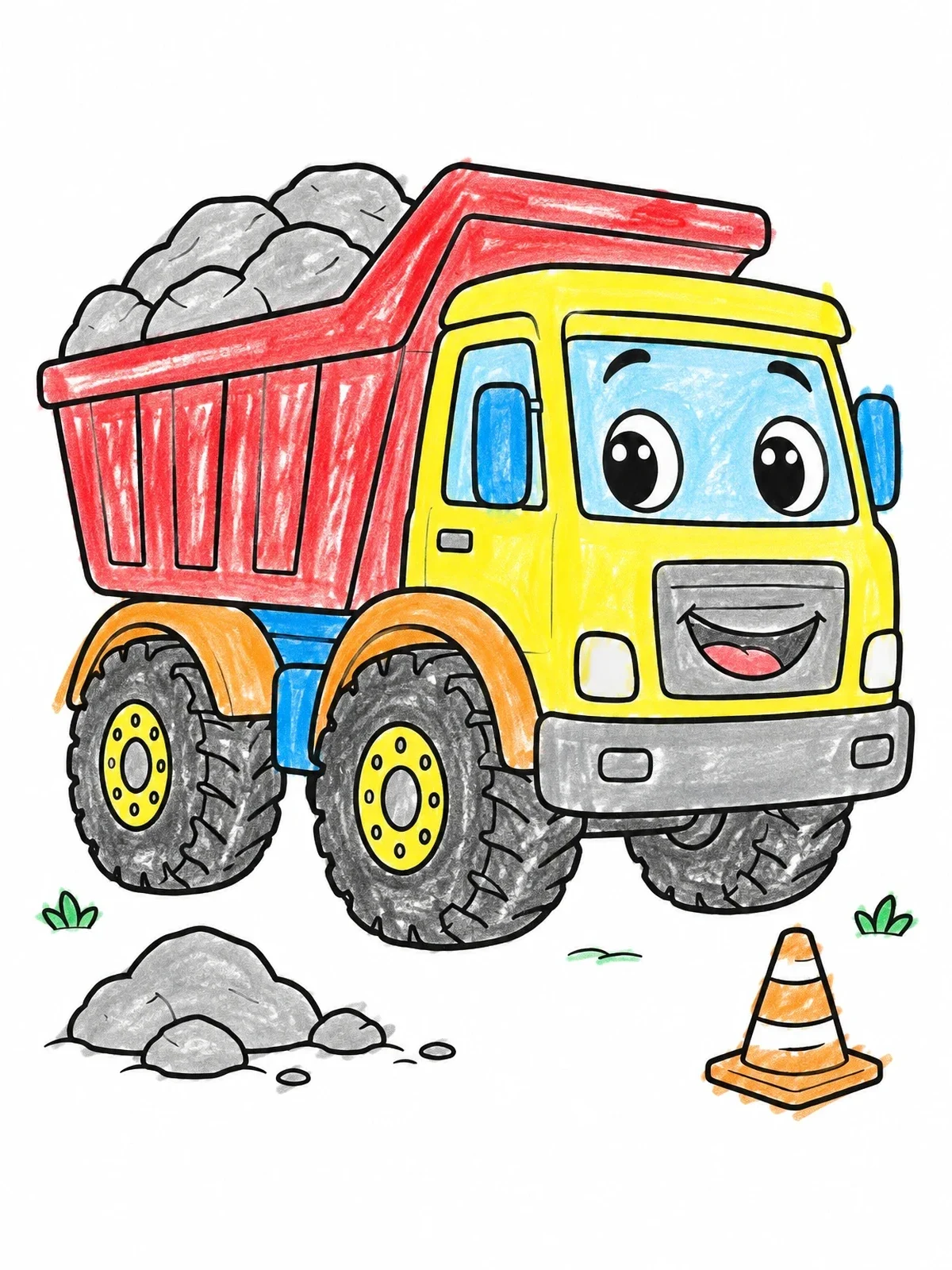 Colored example of the Cheerful Cartoon Dump Truck coloring page