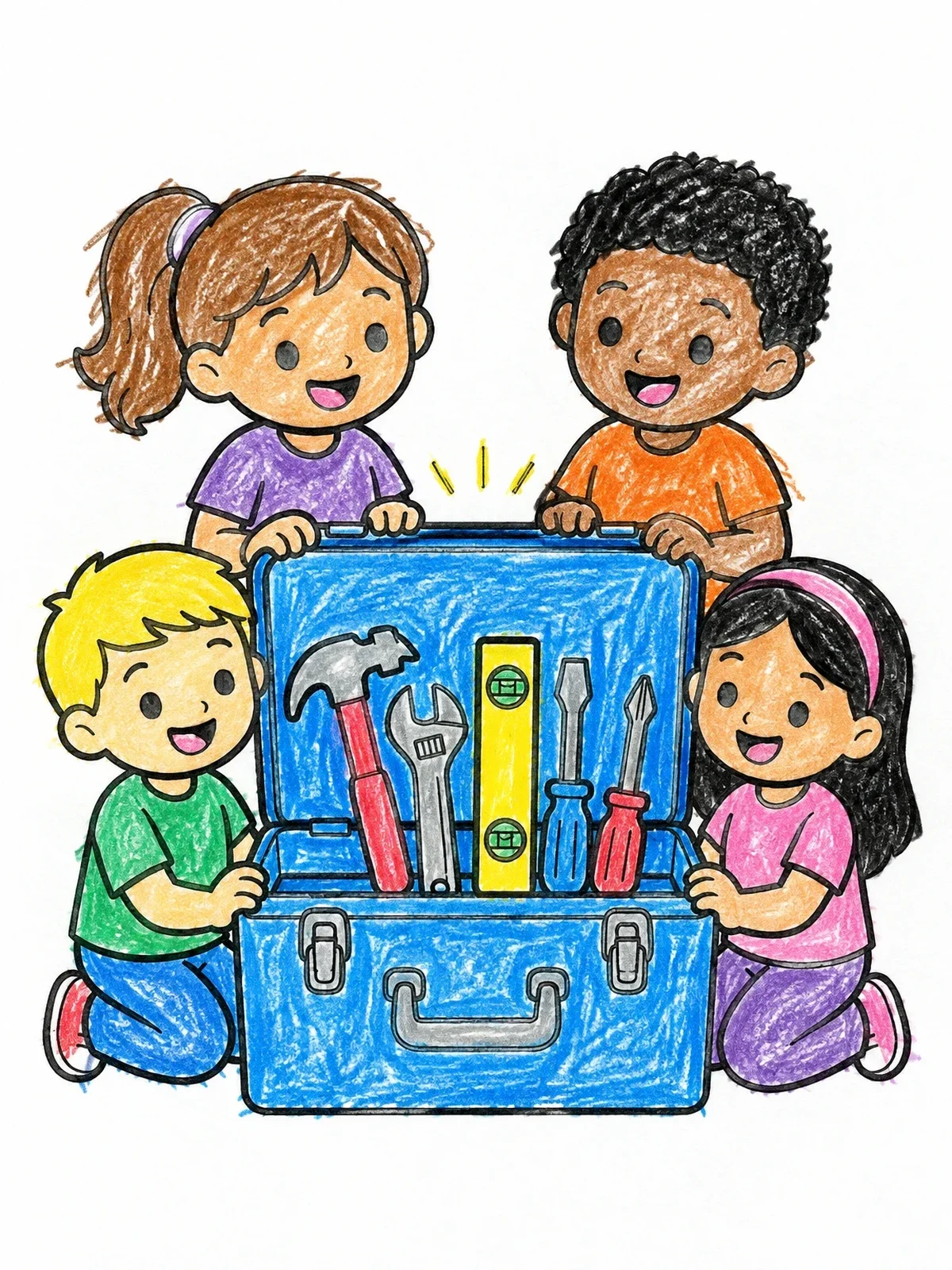 Colored example of the Children Opening A Tool Box coloring page