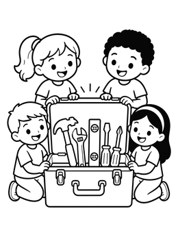 Happy kids gathered around an open toolbox in this construction coloring page.