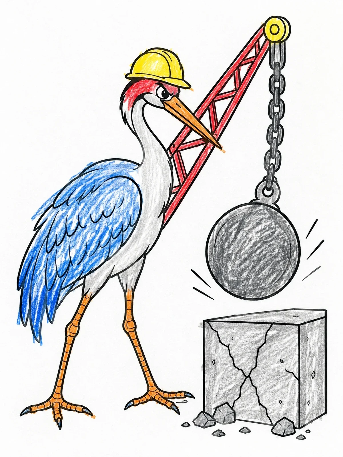 Colored example of the Construction Crane Bird With Wrecking Ball coloring page
