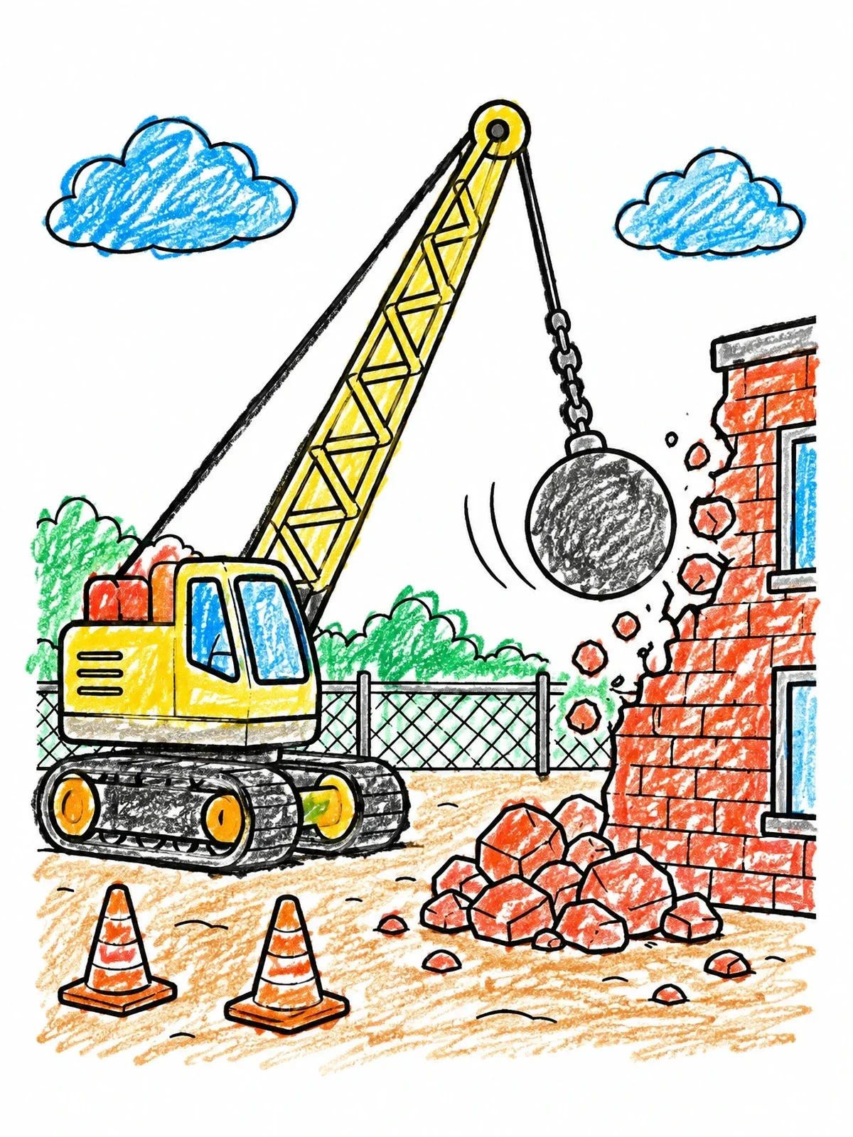 Colored example of the Crane With Wrecking Ball Demolishing Wall coloring page