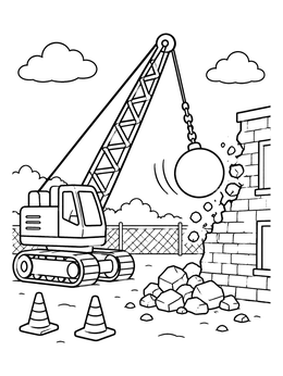 A wrecking ball crane swings at a brick wall in this construction coloring page.