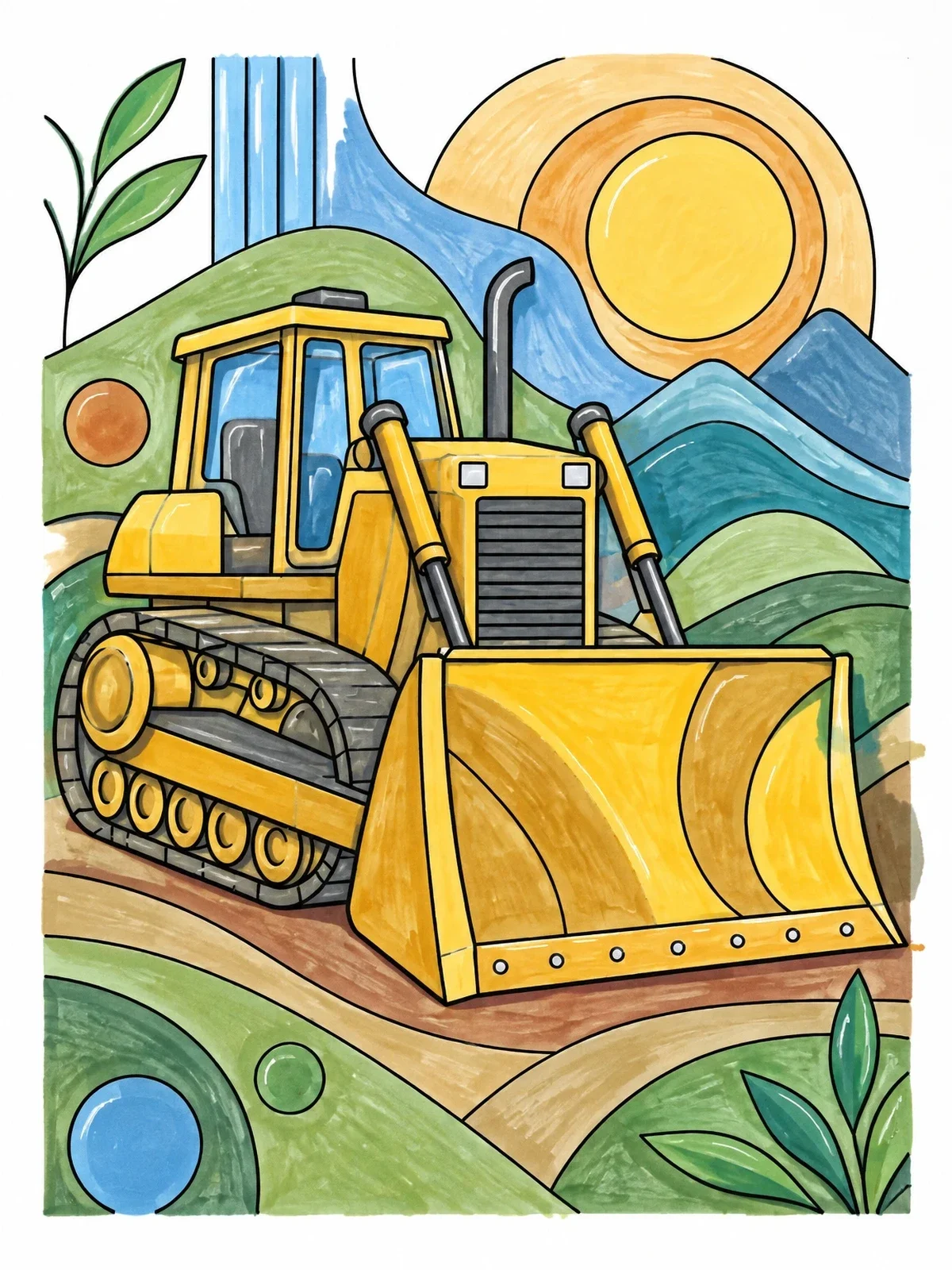 Colored example of the Bulldozer On Stylized Landscape coloring page