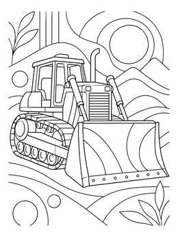 A detailed construction coloring page showing a crawler bulldozer resting on patterned hills.