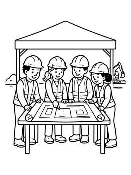 Free printable Construction Crew Reviewing Site Blueprints coloring page