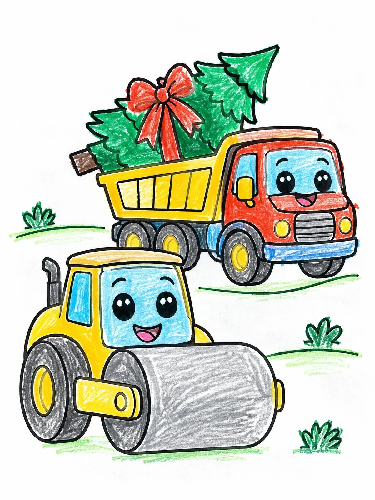 Colored example of the Dump Truck With Christmas Tree And Steamroller coloring page