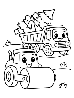 A friendly steamroller and dump truck with a Christmas tree on this construction coloring page.