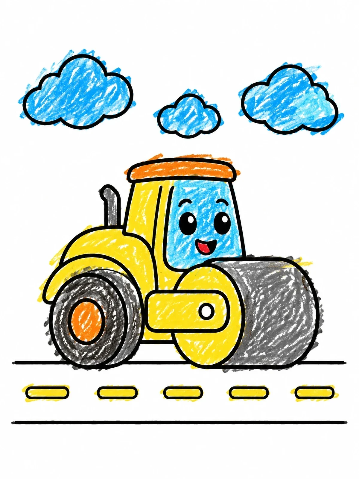 Colored example of the Happy Road Roller On The Street coloring page