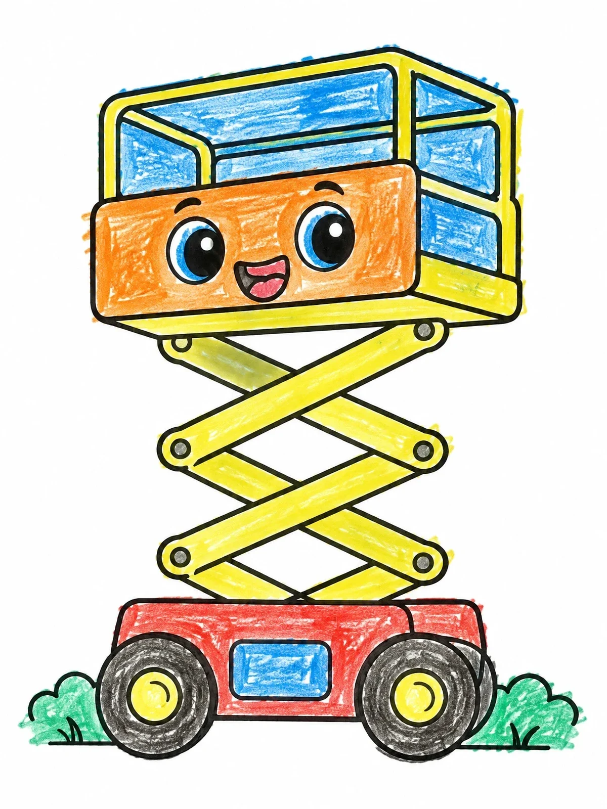 Colored example of the Happy Scissor Lift Truck coloring page