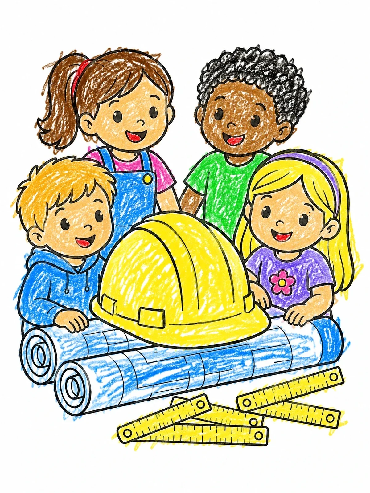 Colored example of the Kids With Hard Hat And Blueprints coloring page