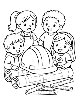 Smiling children gather around a hard hat and blueprints in this construction coloring page.