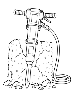 Heavy-duty pneumatic jackhammer breaking a stone block on this construction coloring page.