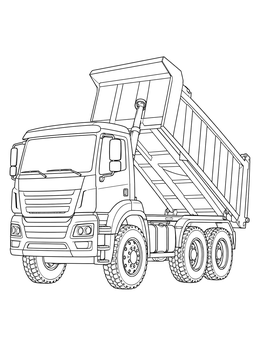A detailed dump truck with a raised bed in this construction coloring page.