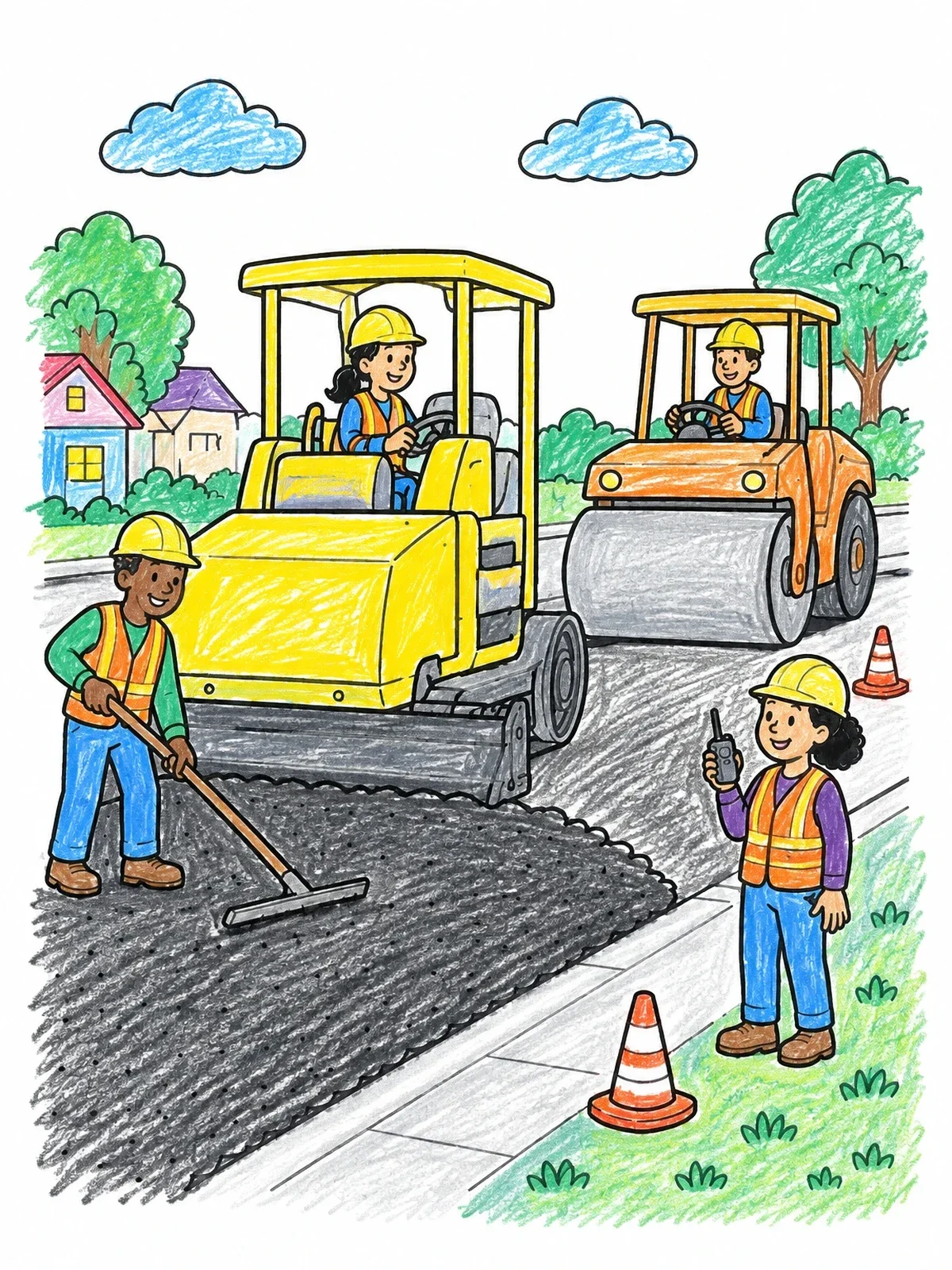 Colored example of the Road Paving Crew And Steamroller coloring page