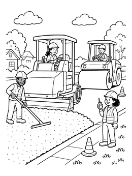 A friendly road paving crew and heavy steamroller on a construction coloring page.