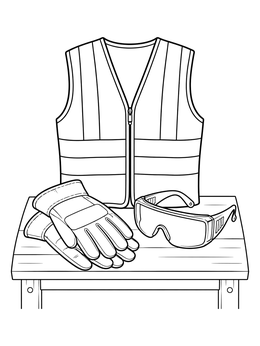 A high-visibility vest, leather gloves, and safety glasses in a construction coloring page.
