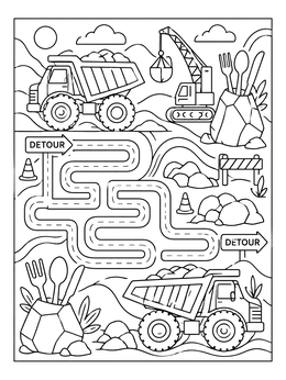 A construction themed placemat coloring page with dump trucks, a road maze, and rock utensil holders.