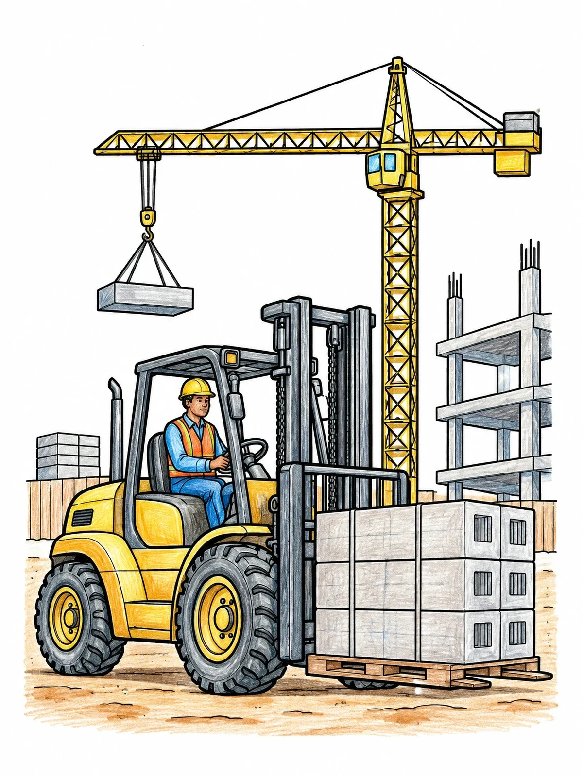 Colored example of the Forklift On Busy Construction Site coloring page