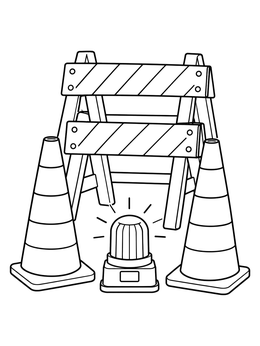 A construction coloring page showing traffic cones, a warning barricade, and a flashing beacon light.