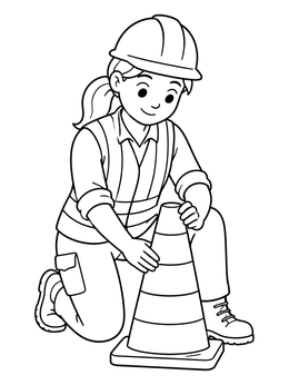 A friendly construction worker coloring page showing a woman placing a safety cone.
