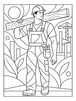 A construction worker coloring page depicting a builder carrying a large wooden beam on a job site.