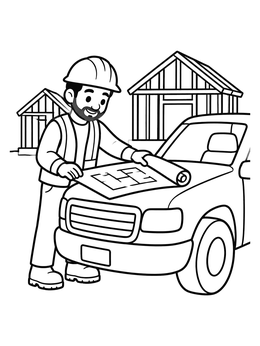 A friendly builder on this construction worker coloring page reviews plans on a truck hood.