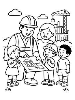 Free printable Builder Showing Blueprints To Children coloring page