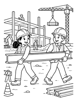 Two smiling workers carrying a beam in this construction worker coloring page.
