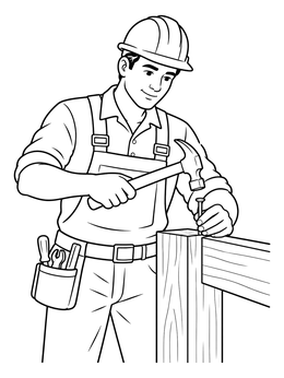 A detailed construction worker coloring page showing a carpenter hammering a nail into wooden beams.