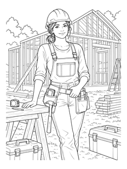 A female builder stands by a wooden house frame in this detailed construction worker coloring page.