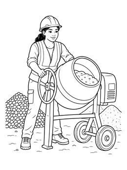A female builder works beside gravel in this construction worker coloring page.