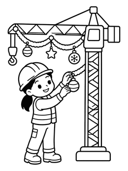 A cheerful construction worker coloring page featuring a girl hanging festive ornaments on a crane.