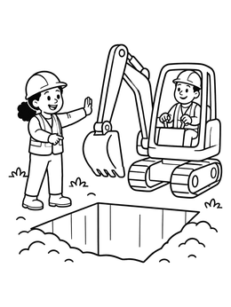 A construction worker coloring page showing a woman directing a mini excavator near a dug trench.