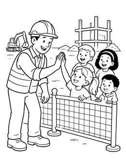 A friendly construction worker coloring page showing a high five with children behind a fence.